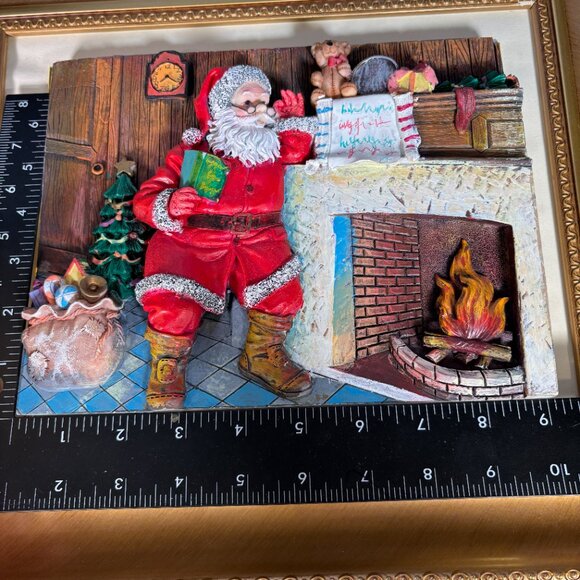 Vintage 3D Santa by Chimney Framed Christmas Decor Textured Relief Wall Art - Picture 9 of 13
